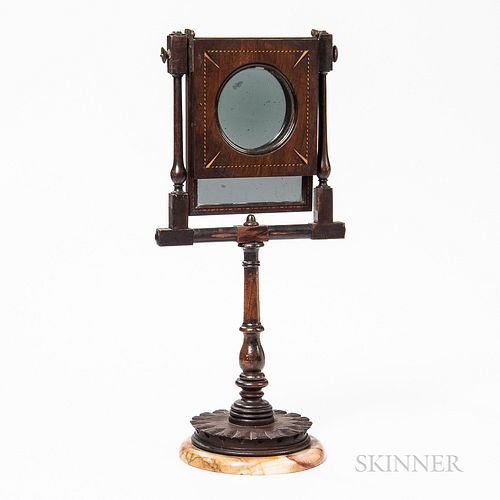 19th Century Mahogany Inlaid Magnifier, mid to late 19th century, turned frame with inlaid hinged frame with a 4-in. dia. magnifier, fr