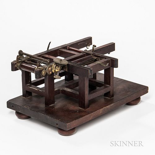 Block or Wall Paper Printing Machine Patent Model, Worcester, Massachusetts, c. 1848, mahogany frame with brass gearing, original paper