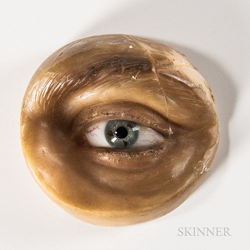 Early Wax and Glass Eye Display, used for demonstrating what a glass eye would appear like in context, dia. 2 3/4 in.