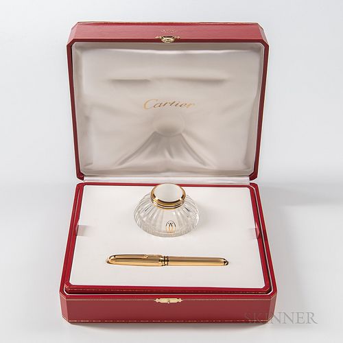 Cartier "Must de" Inkwell and 18kt Gold Fountain Pen Set, gold and black lacquer pen with an 18kt gold nib, barrel marked "750", crysta