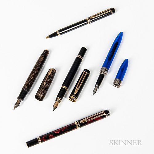 Five Miscellaneous Pens, Waterman black lacquer and gilt fountain pen and rollerball set, nib marked "18k/.750/1833/1933;" burgundy and