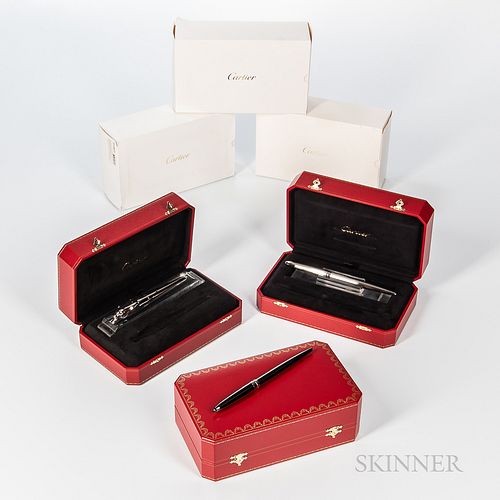 Three Cartier Limited Edition Fountain Pen Sets, no. 126/500 "Panther" with jade eyes; no. 0578/2000 in a platinum and black lacquer fi