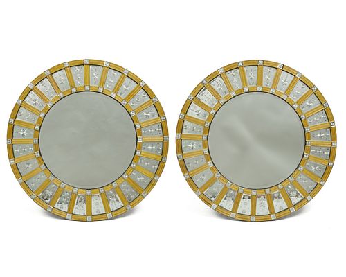 Pair of Italian Giltwood and Ebonized Iron and Part-Etched Mirrors, mid 20th century