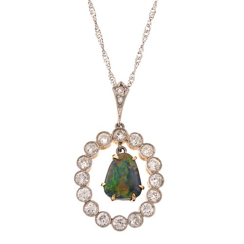 An Antique Diamond & Black Opal Necklace in 14K
