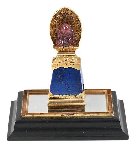 Miniature Carved Gold and Gemstone Buddha 