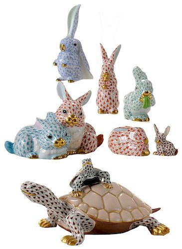 Seven Herend Turtle and Rabbit Figures