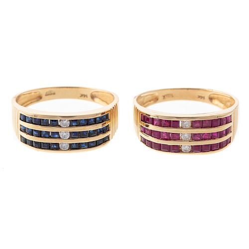 A Pair of Channel Set Ruby & Sapphire Rings in 14K