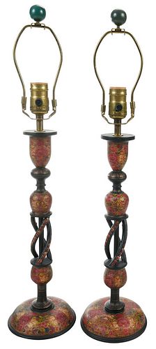 Pair Kashmiri Style Candlesticks Mounted as Lamps