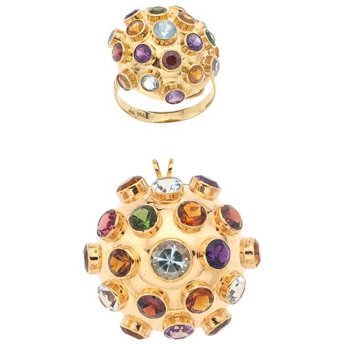 PENDANT / BROOCH AND RING SET WITH AMETHYST, CITRINE, AQUAMARINES, TOURMALINE AND GARNETS. 18K YELLOW GOLD.  H. STERN, SPUNTNIK COLLECTION