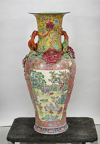 Tall Elaborate Chinese Famille Rose Porcelain Floor Vase