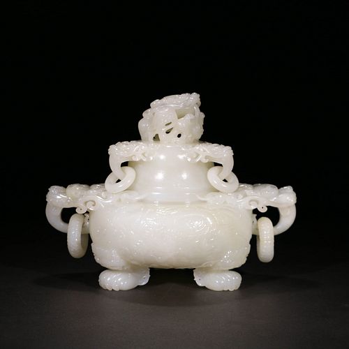 A Chinese White Hetian Jade Carved Incense Burner with Cover