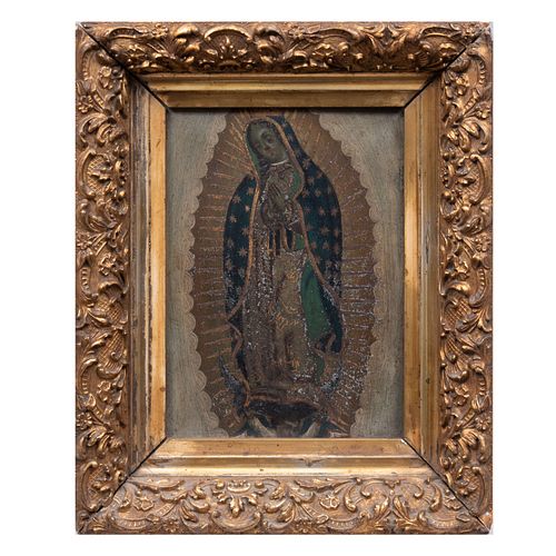 Anónimo. Nuestra Señora de Guadalupe. Óleo sobre lámina de zinc. Enmarcado. 21 x 15 cm