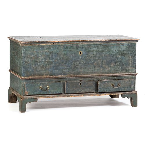 A Chippendale Blue Painted Poplar Three-Drawer Blanket Chest