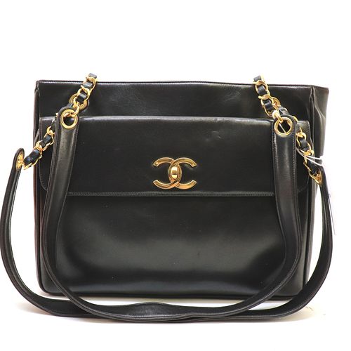 Chanel - Front Pocket Turnlock Logo Tote