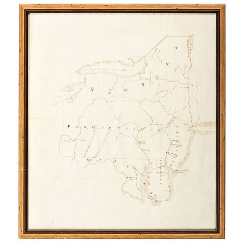 A Hand Drawn Map of Pennsylvania and New York, and a Pencil Drawing of Fort Niagara
