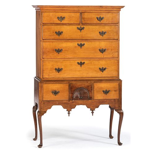 A Queen Anne Carved Maple and Cherrywood Flat-Top High Chest