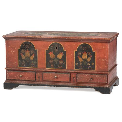 A Federal Polychrome Paint Decorated Pine Three Drawer Blanket Chest