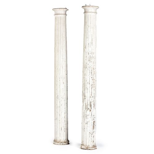 A Pair of Fluted Wooden Architectural Columns in Old Paint