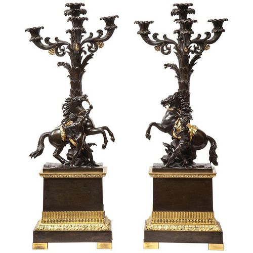 A Large Pair of French Restauration Ormolu & Patinated Bronze Candelabra, Horses