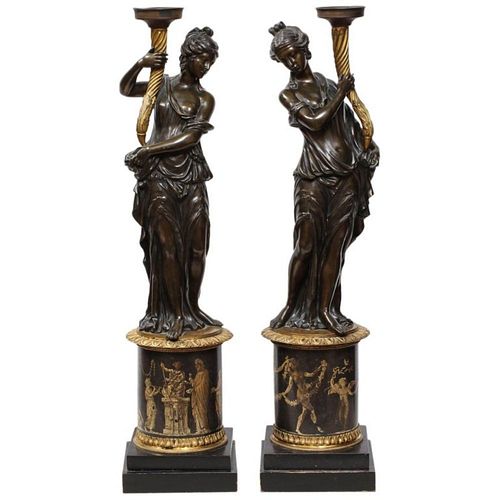 Large Pair of French Gilt and Patinated Bronze Figural Candleholders
