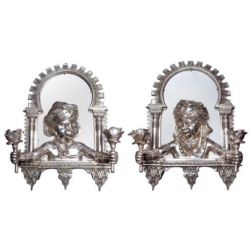 Pair of French Orientalist Alhambra Bronze Two-Light Wall Appliques Sconces