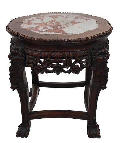 Chinese Hardwood Carved Stool w Marble Insert