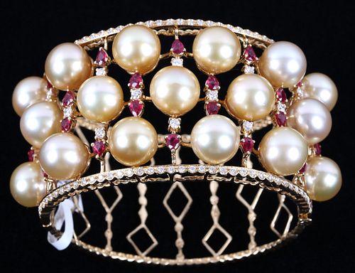 South Sea Gold Pearl, Ruby & Diamond 18K Bracelet
