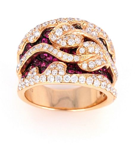 Hot Pink Ruby & Diamond 18k Yellow Gold Ring