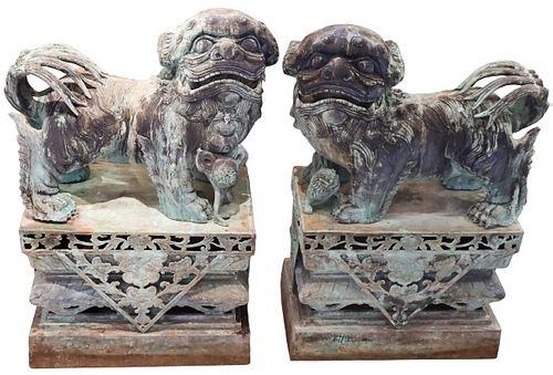 Pair of Monumental Chinese Bronze Foo Dogs