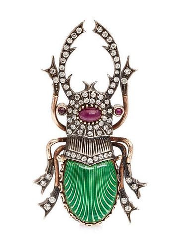 A Silver Topped Gold, Diamond, Ruby and Enamel Beetle Brooch, Russian, 12.60 dwts.