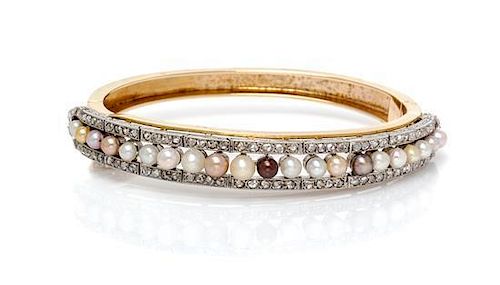 * A Yellow Gold, Platinum, Multicolor Pearl and Diamond Bangle Bracelet, 33.80 dwts.