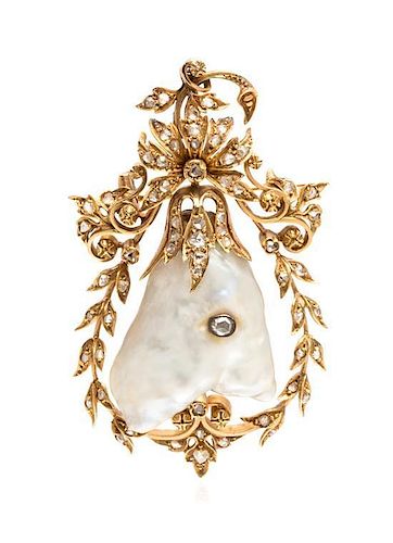 * A Victorian Yellow Gold, Pearl and Diamond Brooch, 20.90 dwts.