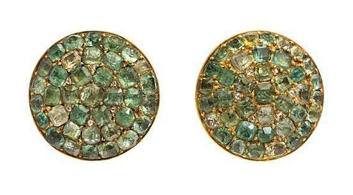 * A Pair of Yellow Gold, Emerald and Diamond Earclips, Russian, 14.90 dwts.