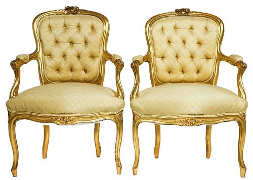 Pair French Gilt Carved 19th C Fauteuil Arm Chairs