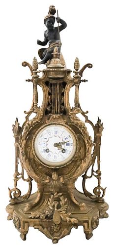 Early French Gilt Bronze Mantle Clock with Cherub