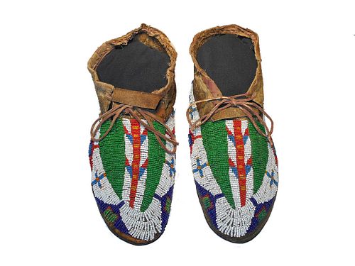 Sioux Beaded Hide Hard Soled Moccasins 1860-1880's
