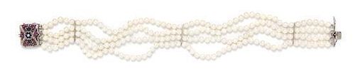 An 18 Karat White Gold, Ruby, Sapphire and Diamond Multistrand Cultured Pearl Necklace,