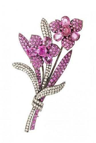An 18 Karat White Gold, Pink Sapphire and Diamond En Tremblant Flower Brooch, Michael Youssoufian, 23.60 dwts.