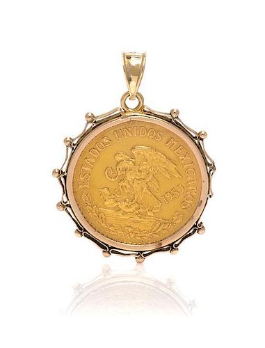 A 14 Karat Yellow Gold and Mexico 20 Peso Coin Pendant, 12.50 dwts.