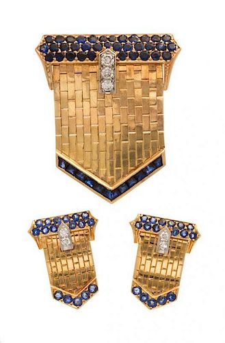 A Collection of 14 Karat Yellow Gold, Sapphire and Diamond Belt Motif Jewelry, 13.10 dwts.