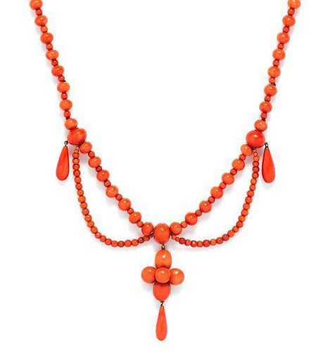 A Victorian Coral Bead Swag Necklace, 28.60 dwts.