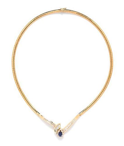 A 14 Karat Yellow Gold, Sapphire and Diamond Omega Necklace, 15.80 dwts.