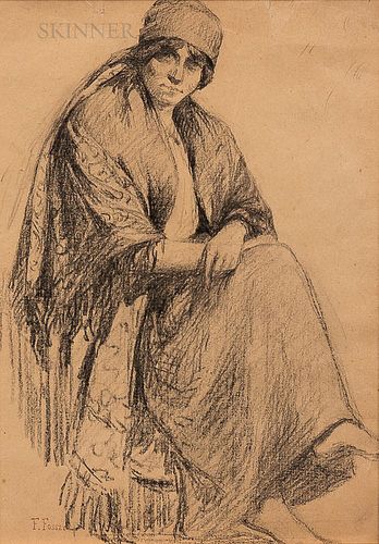 Felix Fossey (French, 1826-1895) Seated Figure. Stamped "F. FOSSEY" in red l.l. Mixed media on paper, possibly an enhanced print, sheet