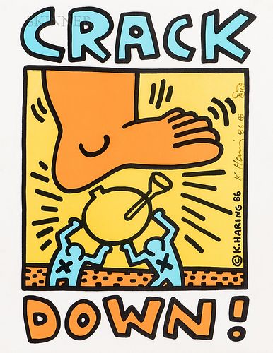 Keith Haring (American, 1958-1990) Crack Down!, 1986. Signed, dated, and monogrammed "K. Haring 86..." in marker c.r. Color lithograph,