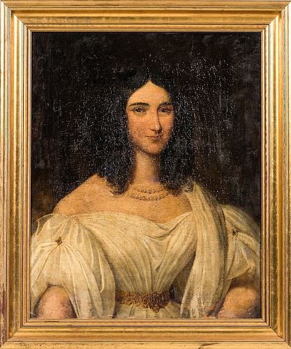 American/European School, 19th Century Portrait of a Woman in White. Unsigned. Canvas mounted to Masonite, 28 1/2 x 23 in., framed. Con