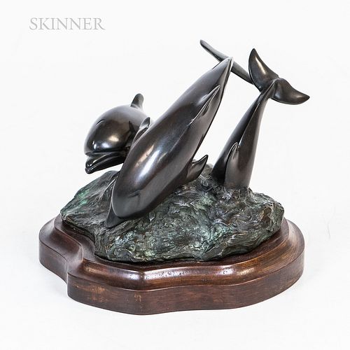 Katherine Johnstone (American, 1922-1999) Bronze Statue of Dolphins. Inscribed with initials and dated "19KJ76," ht. 5 1/8, lg. 8, dp.