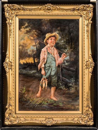 American School, 19th/20th Century Young Fisherman Heading Home. Signed "C. Bernardo-" l.r. Oil on canvas, 30 x 20 in., in an ornate fr