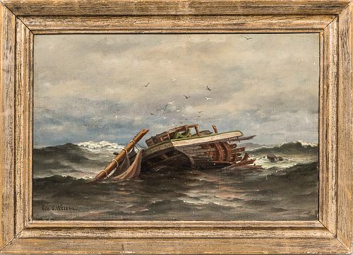 George Savary Wasson (American, 1855-1932) Wrecked Sailing Vessel Adrift, Perhaps in Isle au Haut Bay. Signed "Geo. S. Wasson" l.l., in