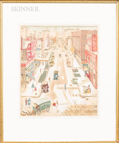 Rowena Fry (American, 1895-1990s) Two Framed Prints: North Michigan in the Twenties and Rush Street in the Twenties. Both titled in pen