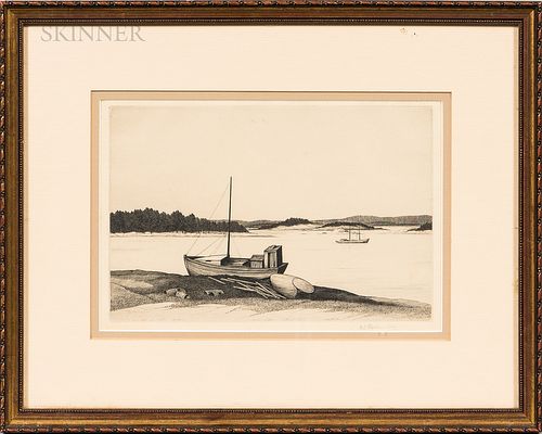 Thomas Willoughby Nason (American, 1889-1971) Three Etchings: Boats, Penobscot Bay, Feeding the Chickens, and Haystacks. Boats, 1939, s